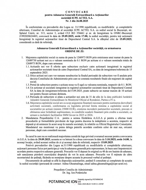 icpe-actel-convocare-adunarea-general-extraordinar-a-acionarilor-societii-icpe-actel-s.a